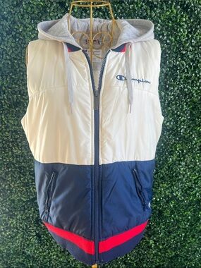 Champion White, Navy & Red Hooded Colorblock Puffer Vest